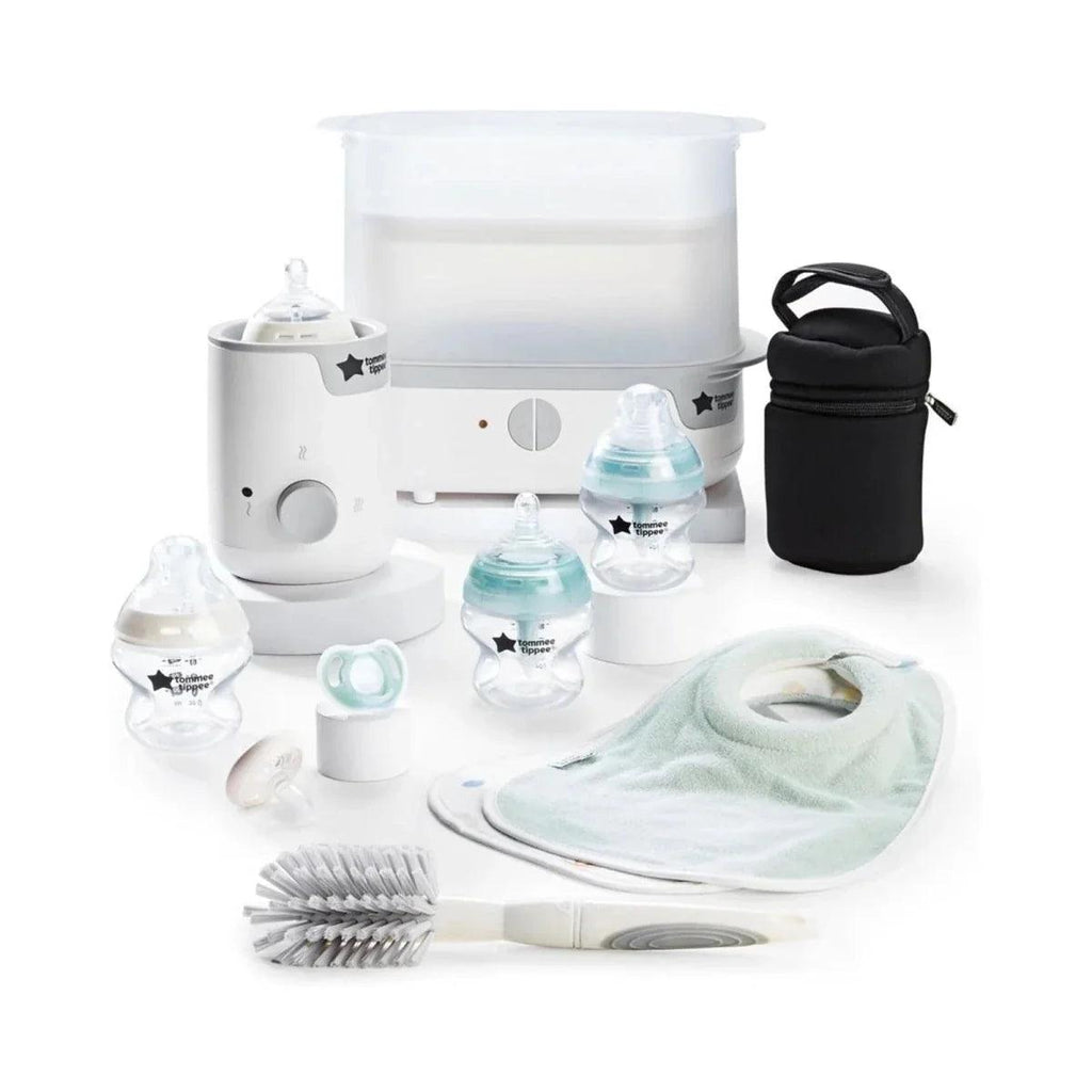 Tommee Tippee white feeding set with electric steam steriliser, bottles, bib, and brush