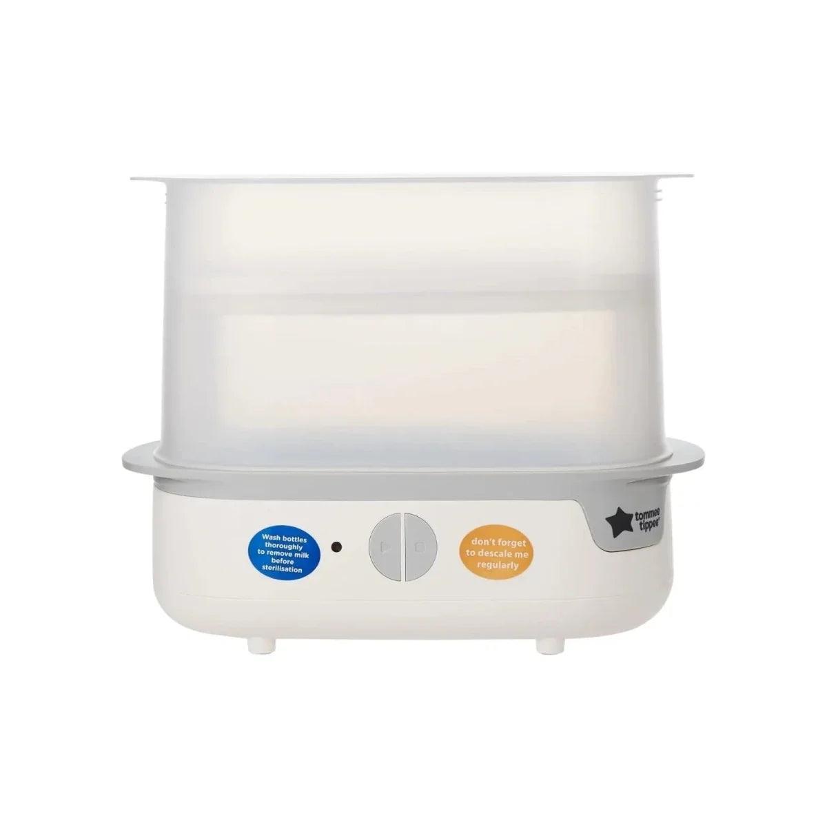 White electric steam steriliser base with indicator panel and steam chamber