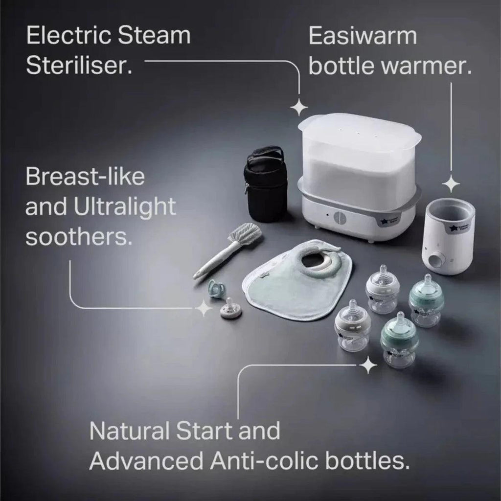 White electric steam steriliser kit with bottle warmer, anti-colic bottles, and accessories