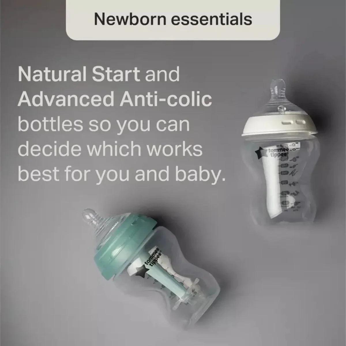 Anti-colic baby bottle with measurement markings and green cap