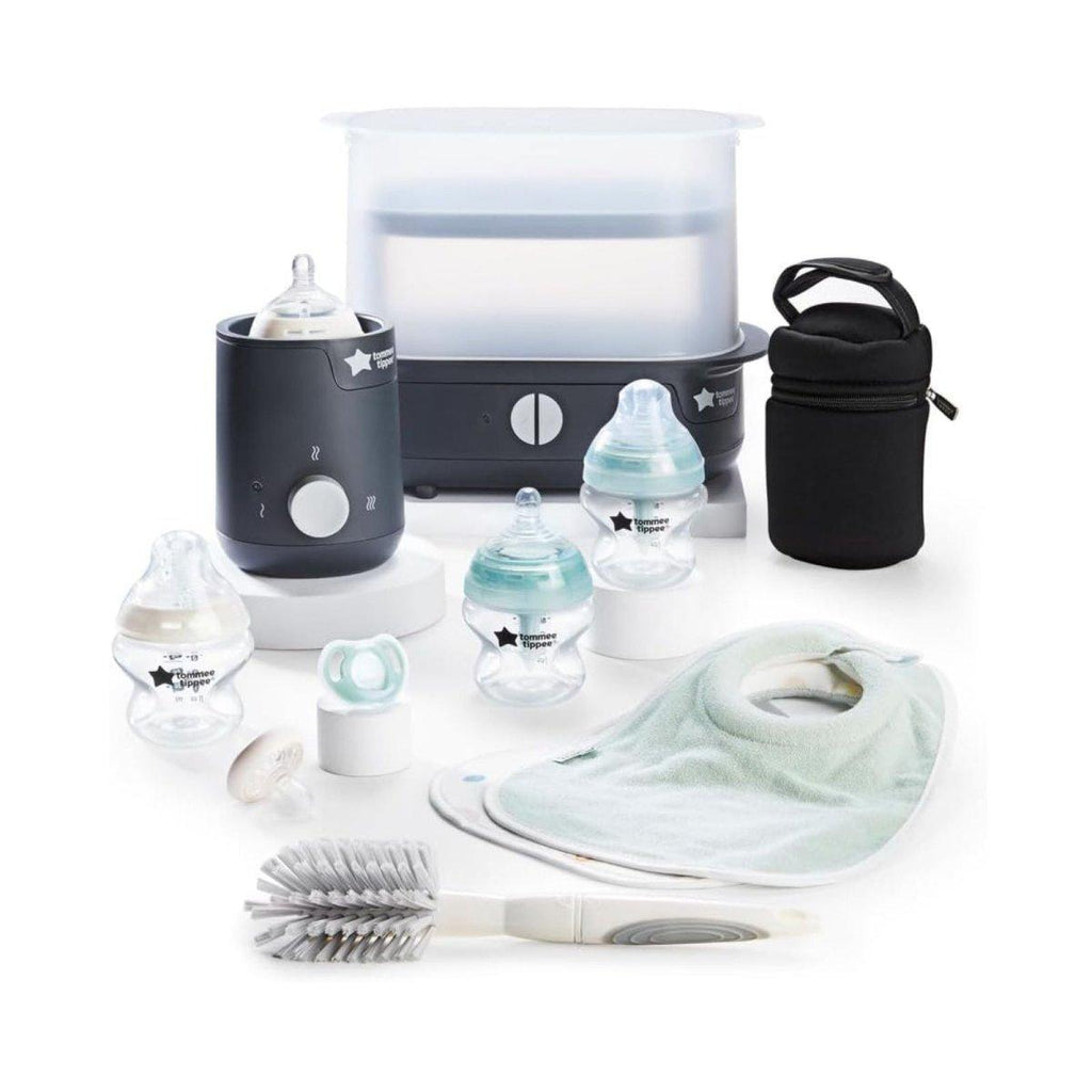 Black electric steam steriliser with feeding bottles, bib, brush, and warming cup set