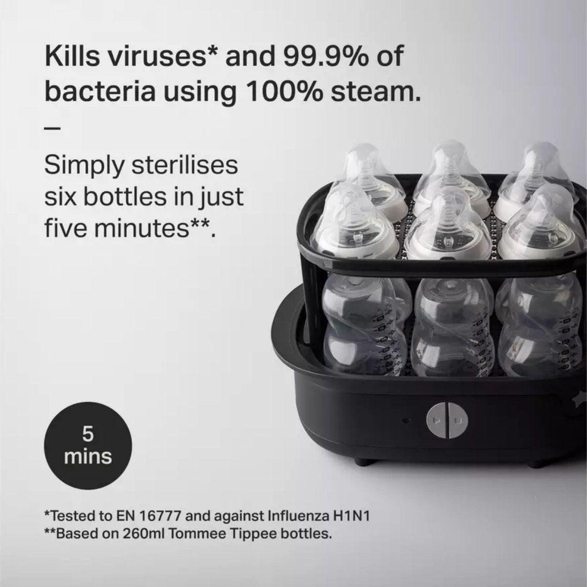 Black steam steriliser base with lid and six feeding bottles inside