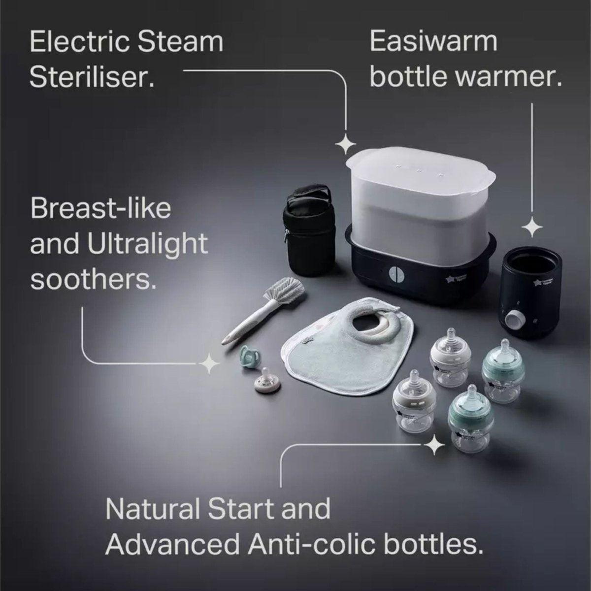 Steam steriliser with electric bottle warmer, anti-colic bottles, and grey bib