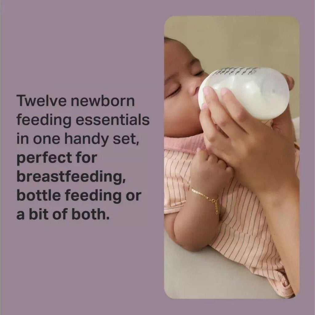 Baby holding a feeding bottle with caregiver support, newborn essentials set