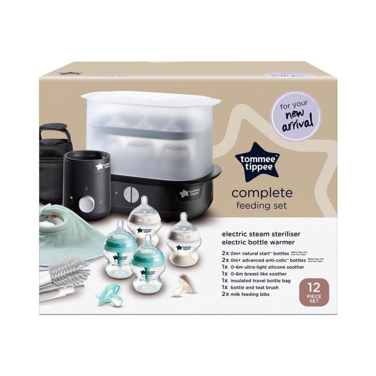 Tommee Tippee complete feeding set box with steriliser, bottles, brush, and bib