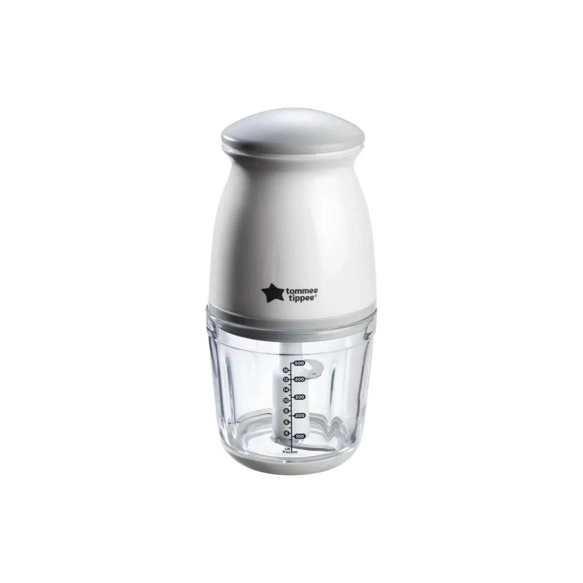 Tommee Tippee baby food blender with clear measurement cup and silver lid