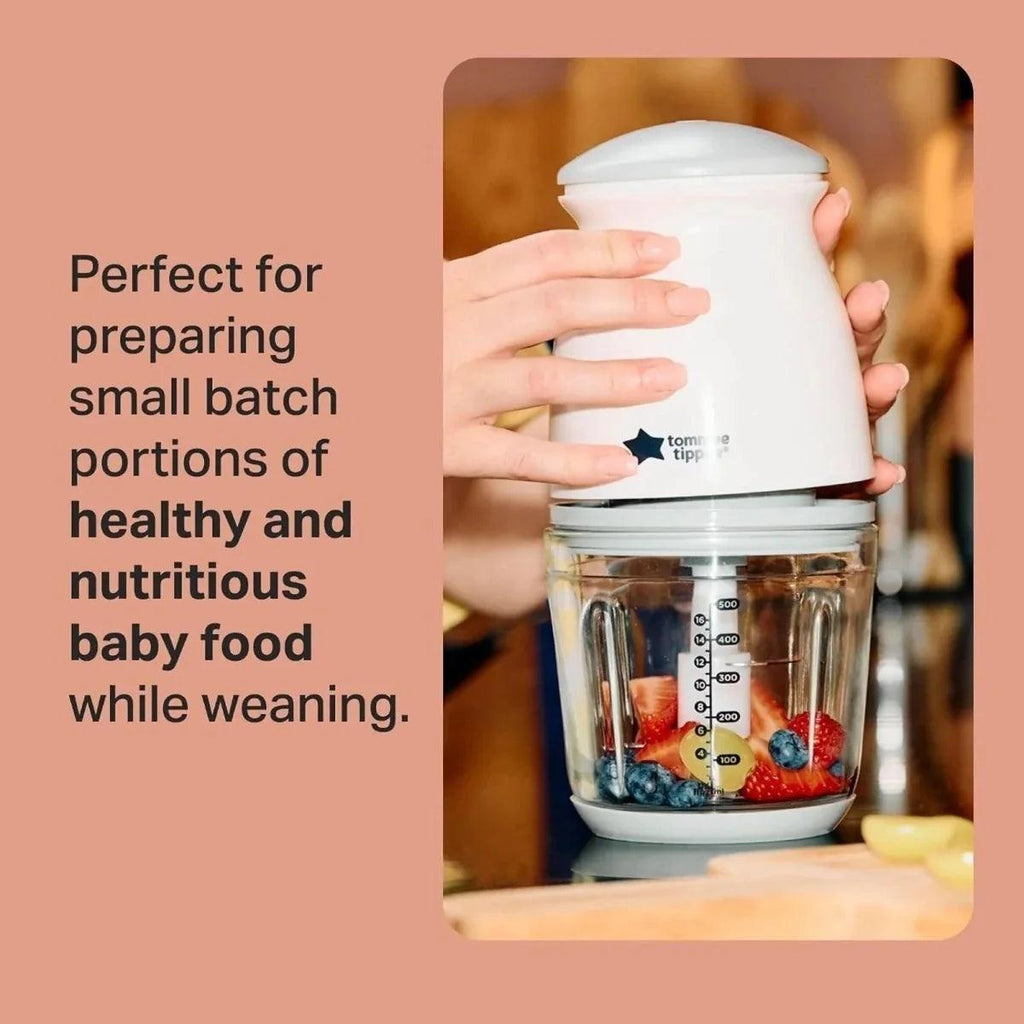 Tommee Tippee baby food blender cup with lid and glass bowl filled with berries