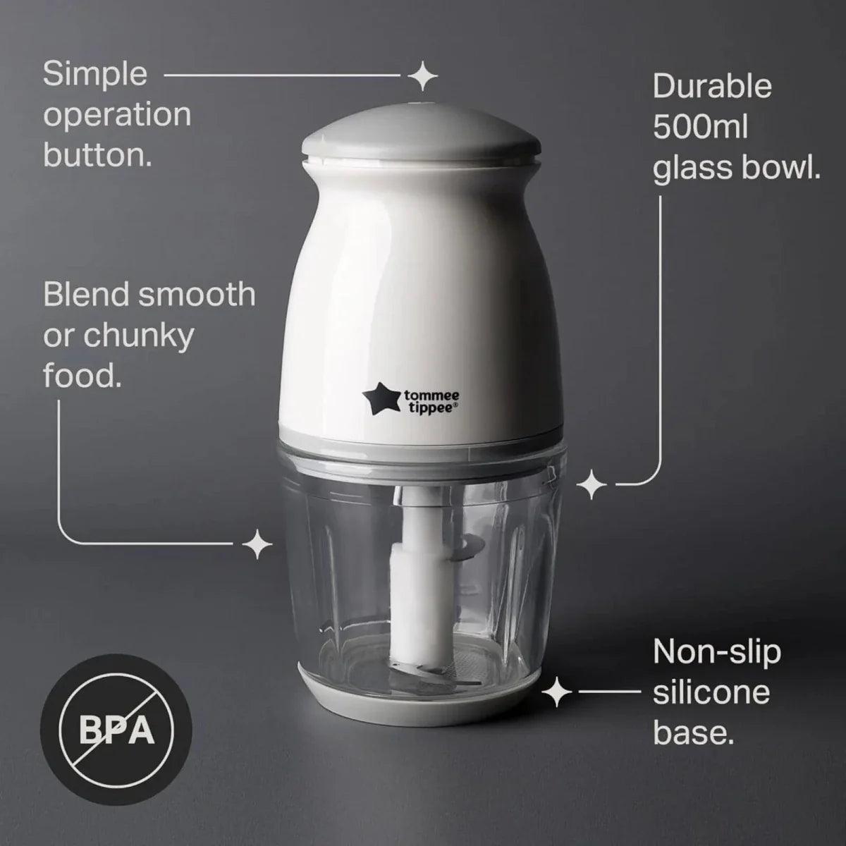 Tommee Tippee baby food blender base with clear glass bowl and blending blade