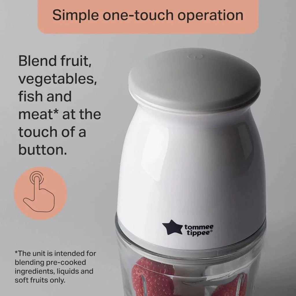 Tommee Tippee baby food blender with one-touch style button and clear jar
