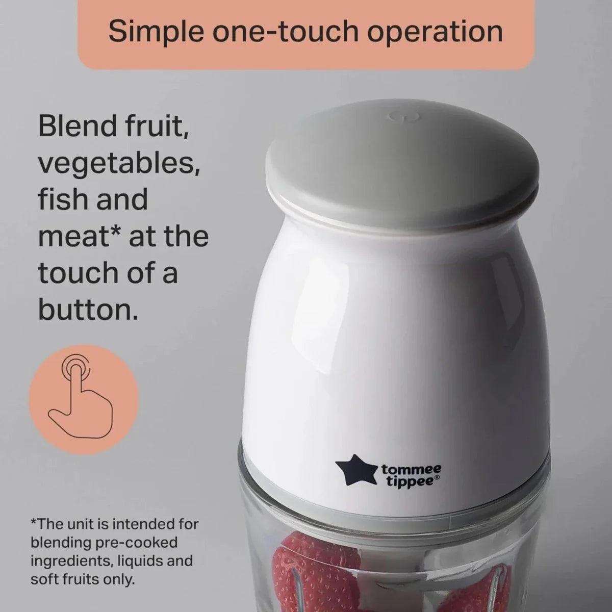 Tommee Tippee baby food blender with one-touch style button and clear jar