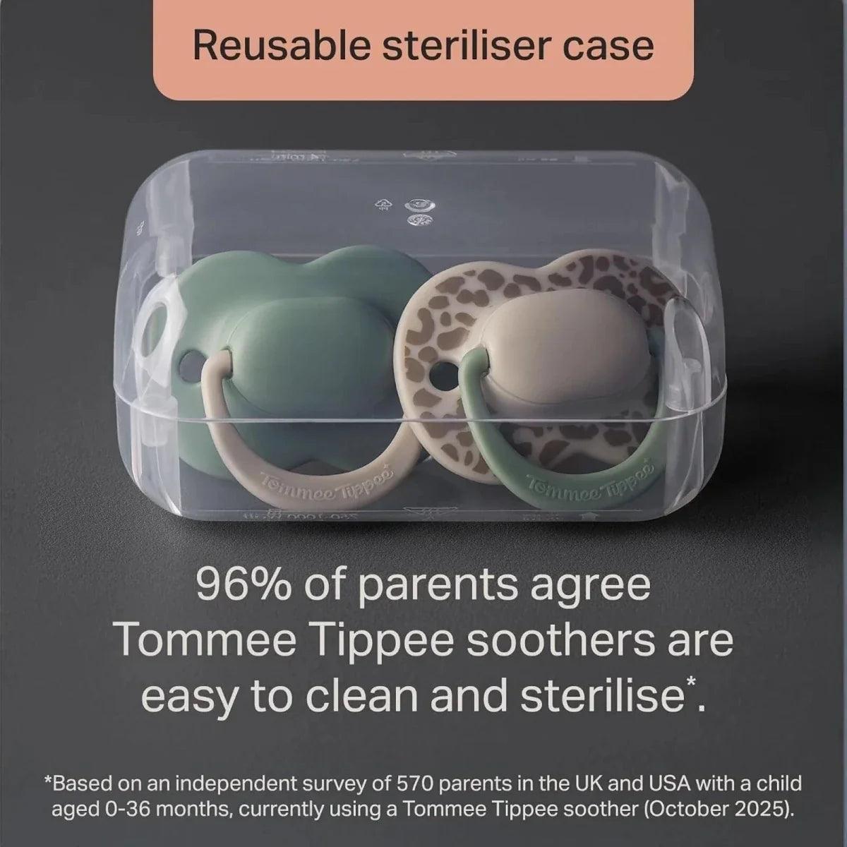 Reusable steriliser case holding two latex soothers, green and leopard-style shields.
