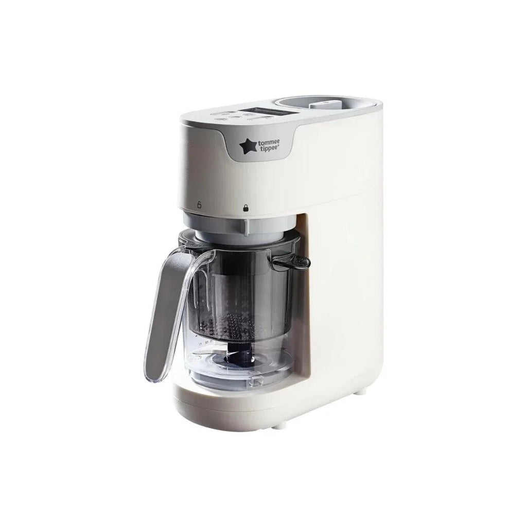 White baby food maker with transparent jug and blending-steam lid