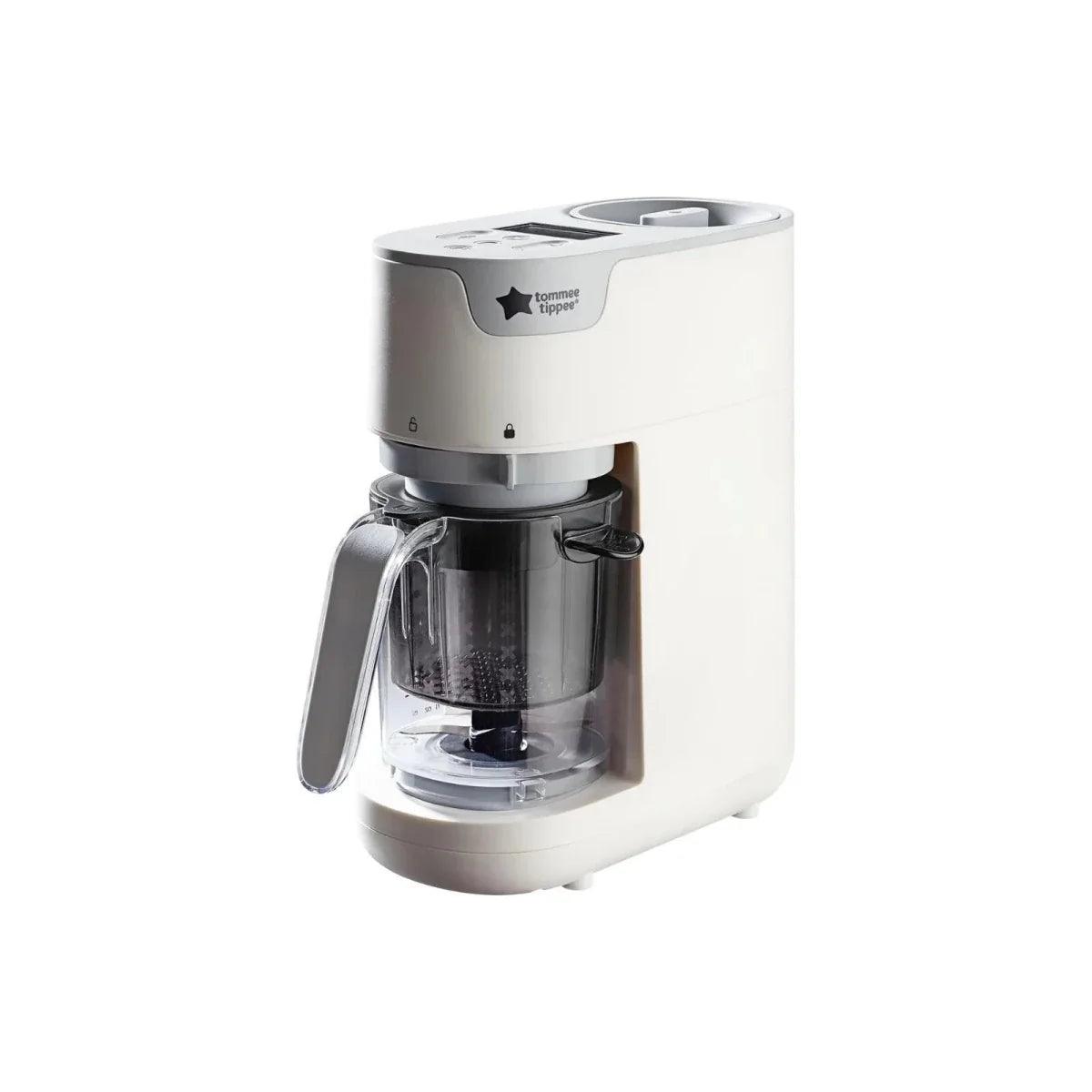 White baby food maker with transparent jug and blending-steam lid