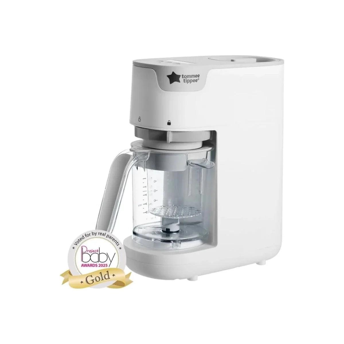 White baby food maker with clear measuring jug and front steam/blend unit
