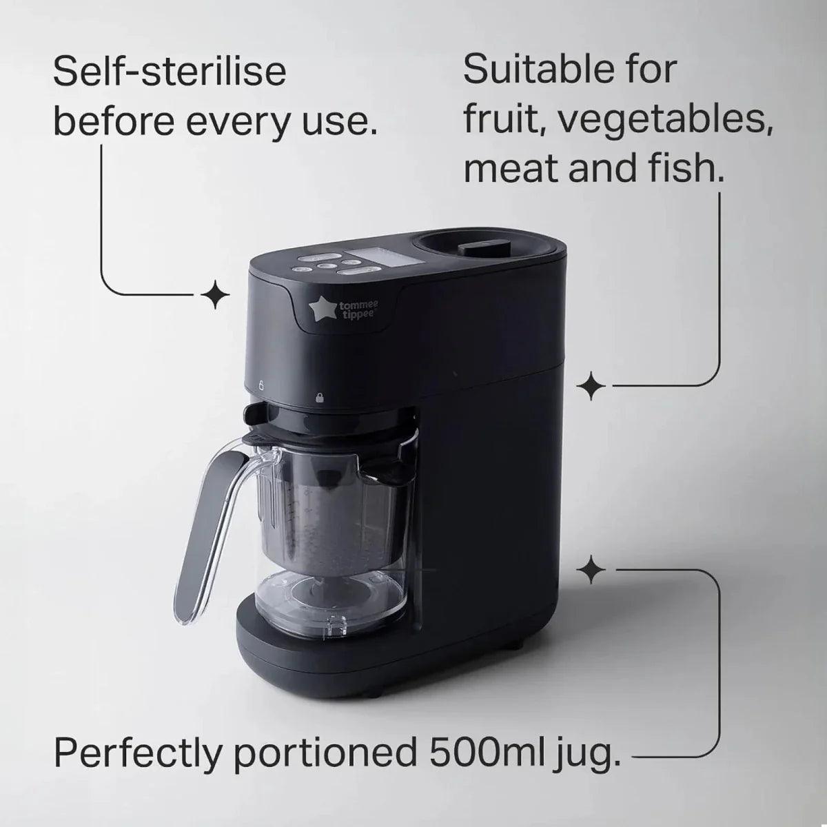 Black baby food maker base with clear jug and side handle