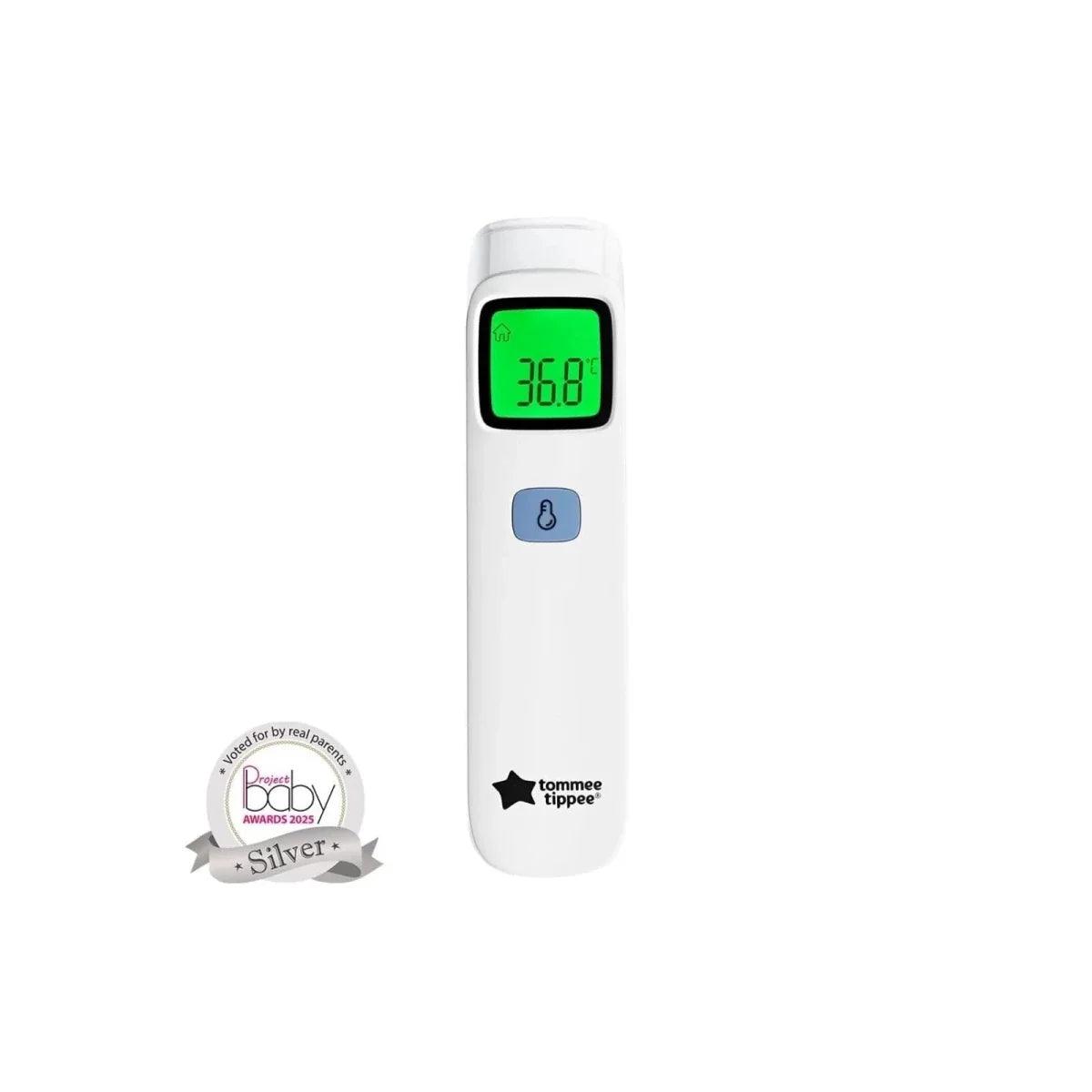 No-touch digital forehead thermometer with green LCD and Baby Silver award badge
