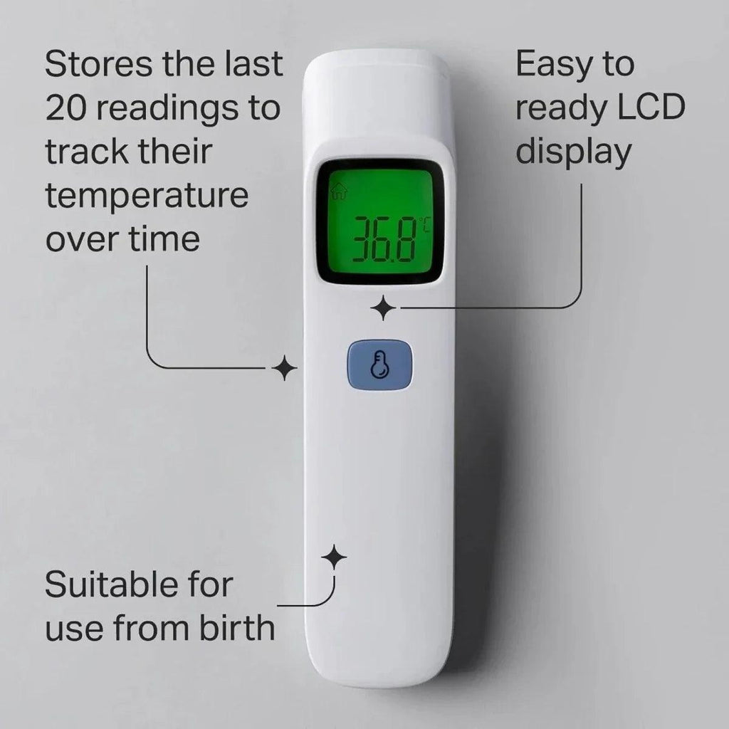 No-touch digital forehead thermometer displaying green LCD, white body