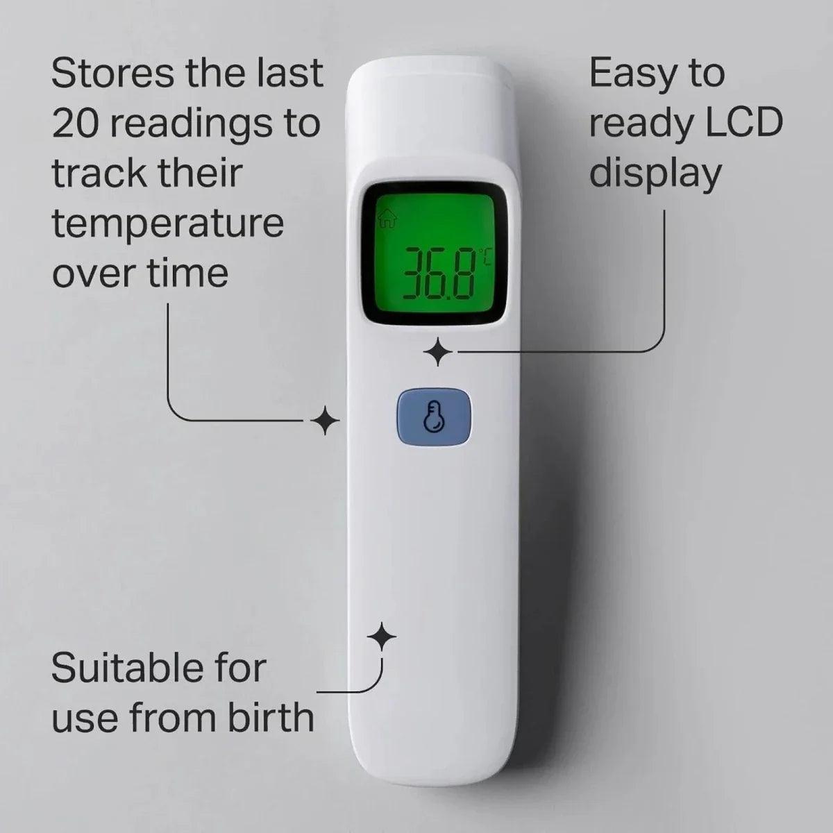 No-touch digital forehead thermometer displaying green LCD, white body