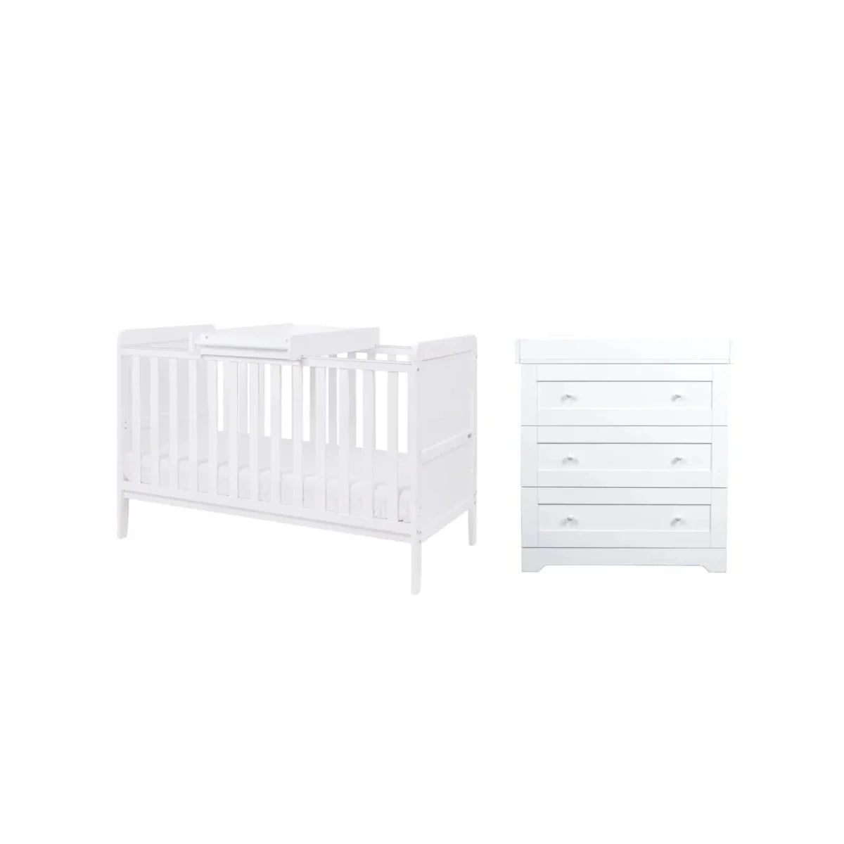 White cot bed and white 3-drawer dresser set