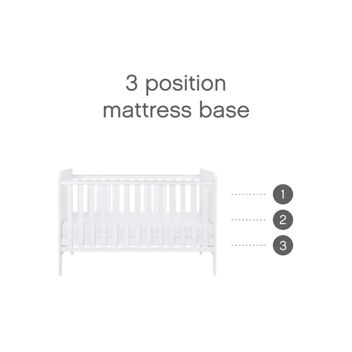 White cot bed mattress base shown in three height positions