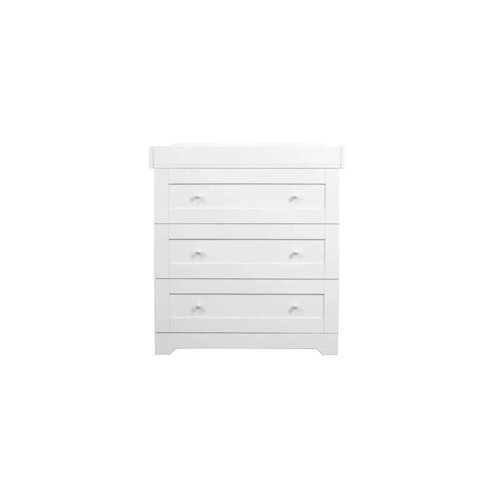 White 4-drawer dresser with round knobs and top panel