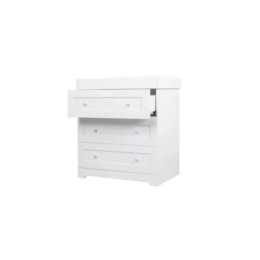 White nursery dresser with three drawers and wide top surface, matching changing unit