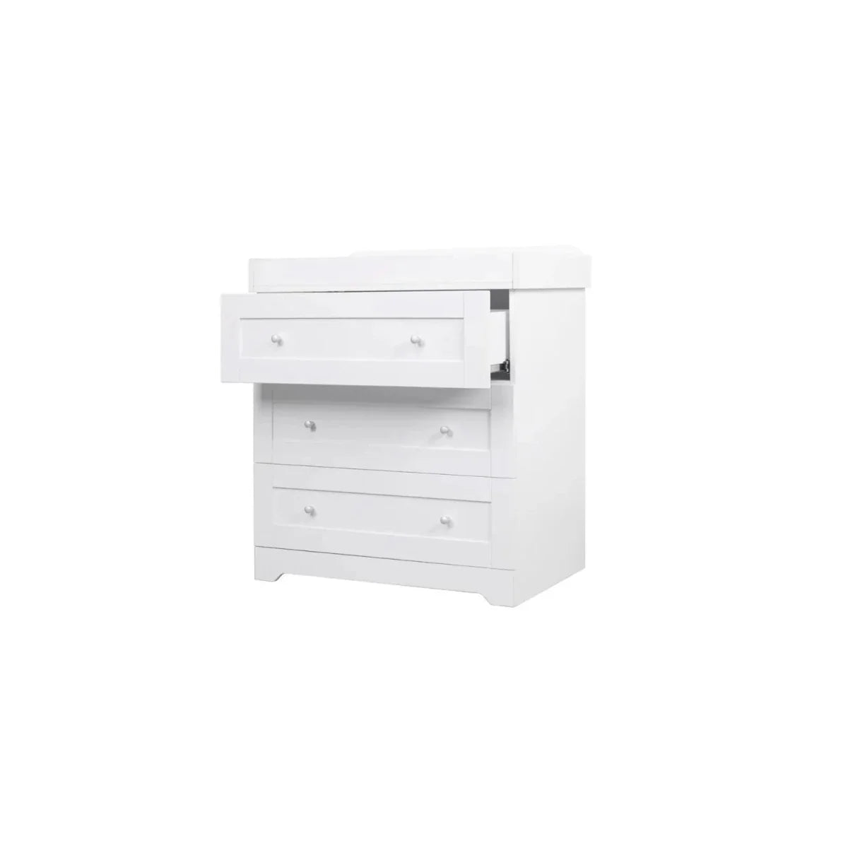 White nursery dresser with three drawers and wide top surface, matching changing unit