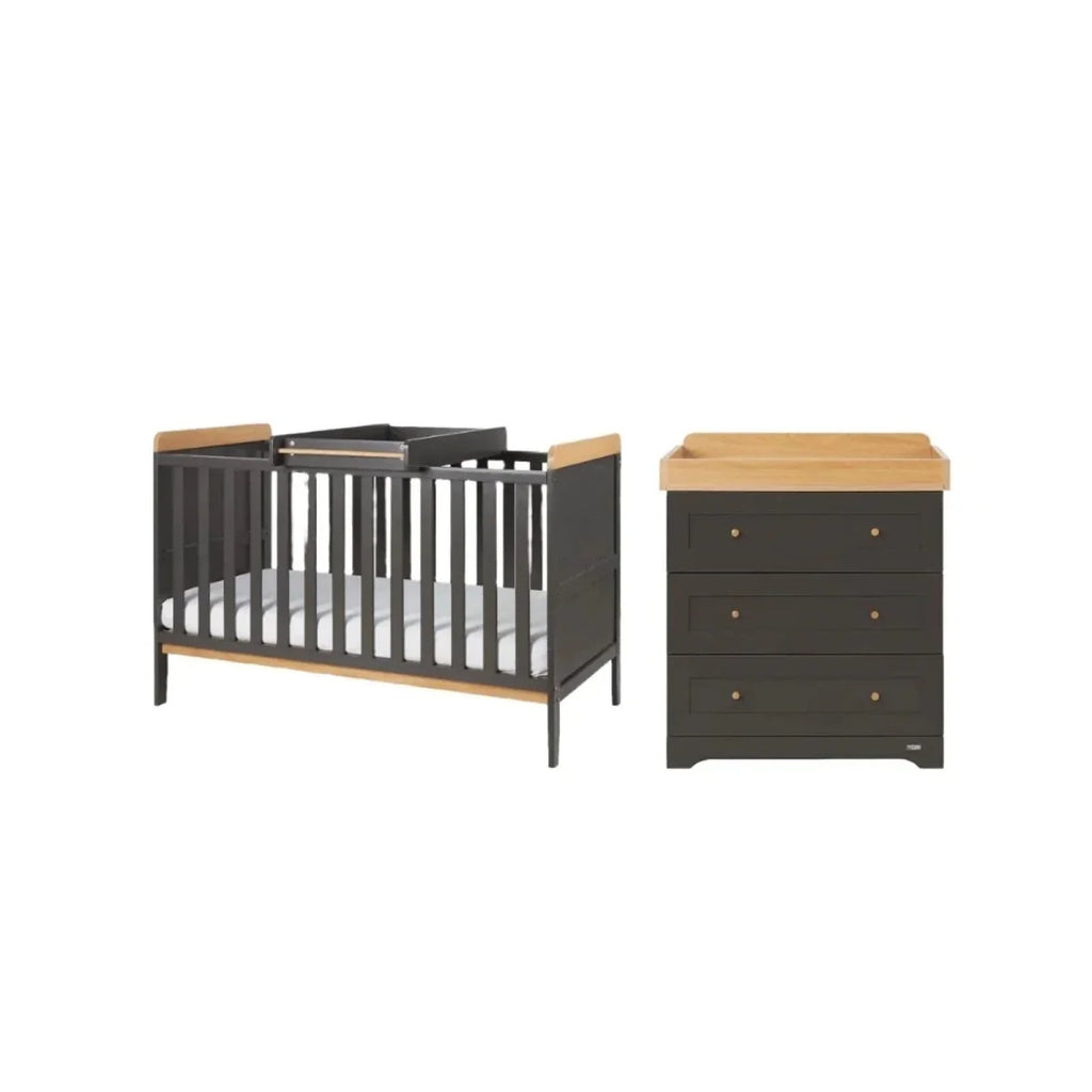 Dark slate cot bed with honey oak headboard and matching 3-drawer dresser