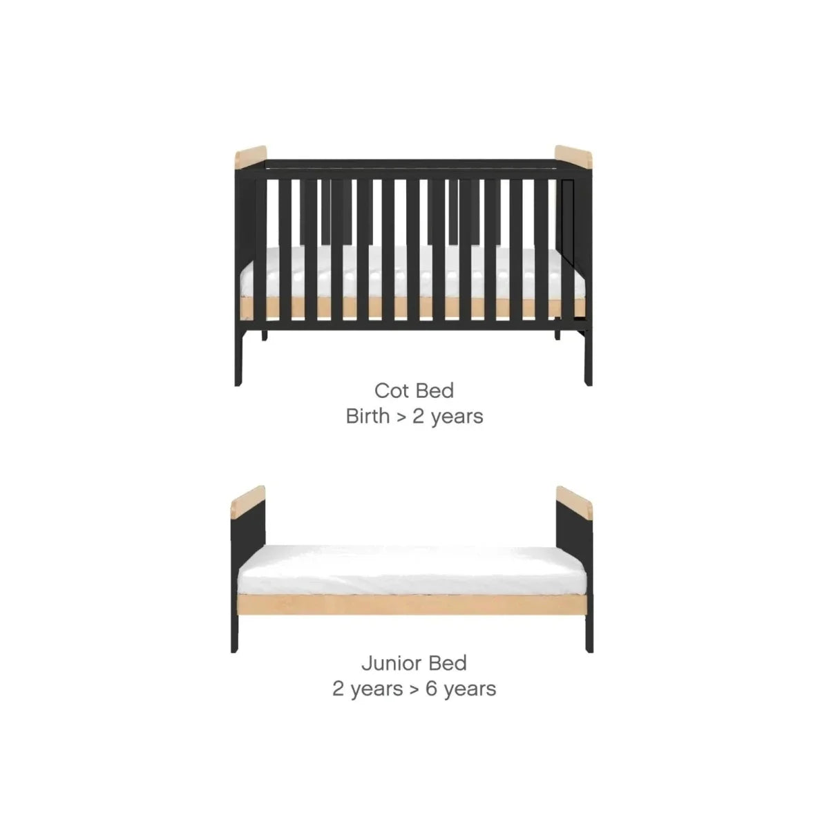 Cot bed and junior bed setup with adjustable mattress positions, dark slate frame
