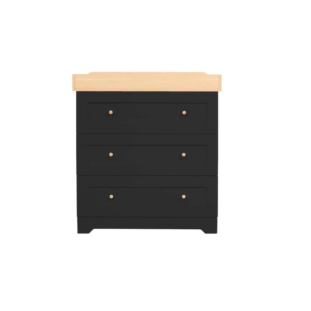 Dark slate dresser front with honey oak top, three drawers, and gold round pulls