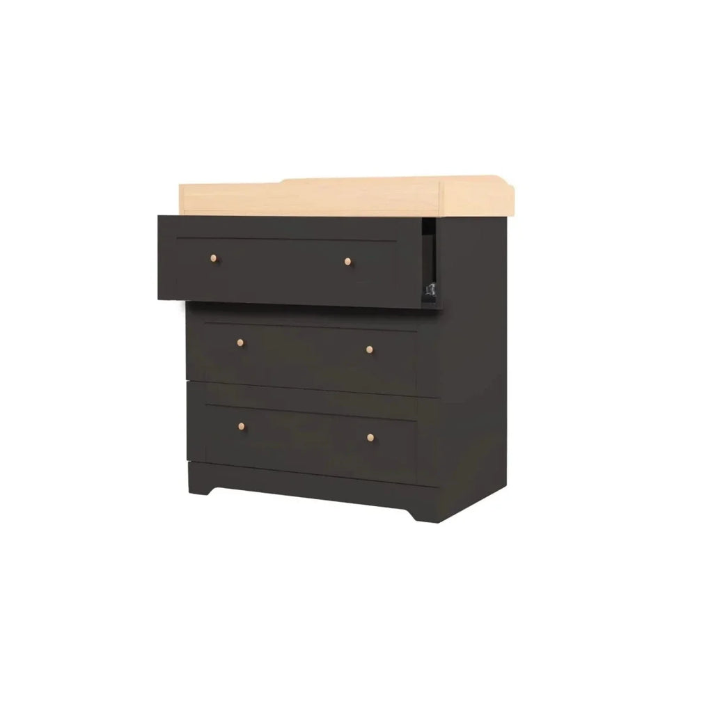 Dark slate dresser with honey oak top and three drawers, angled view