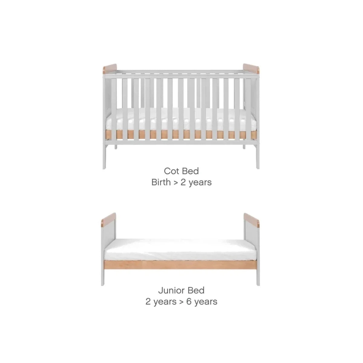 Convertible cot-to-junior bed with light wood rails and white side panels