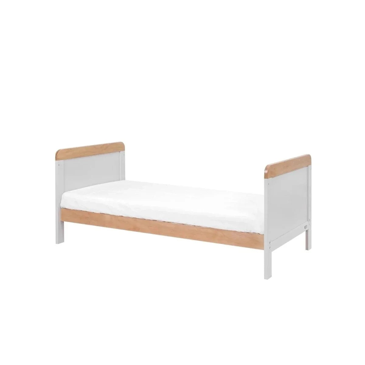 Junior bed with white frame and light wood side panels and end posts