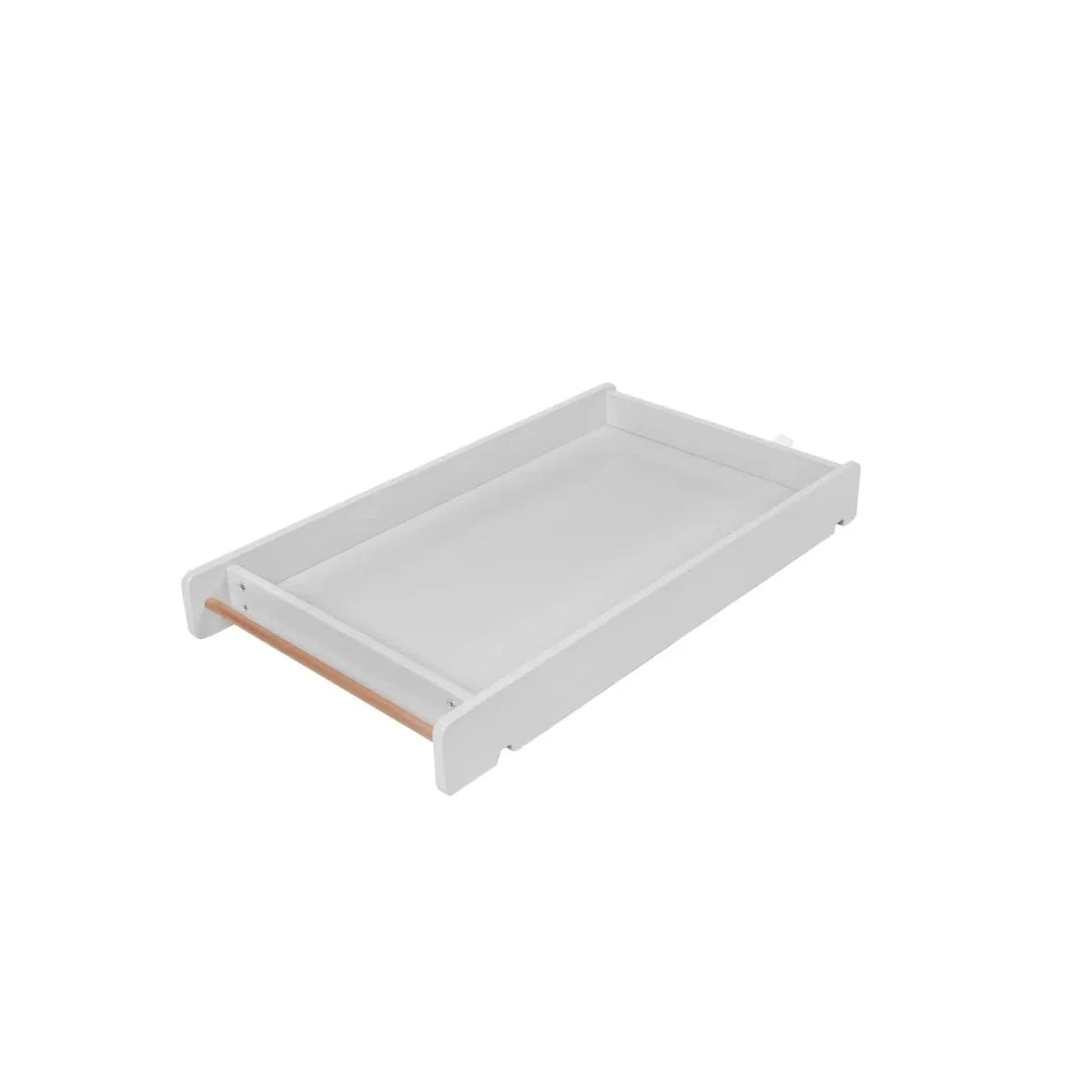 Under-bed drawer tray with white frame and light wood rail for easy storage