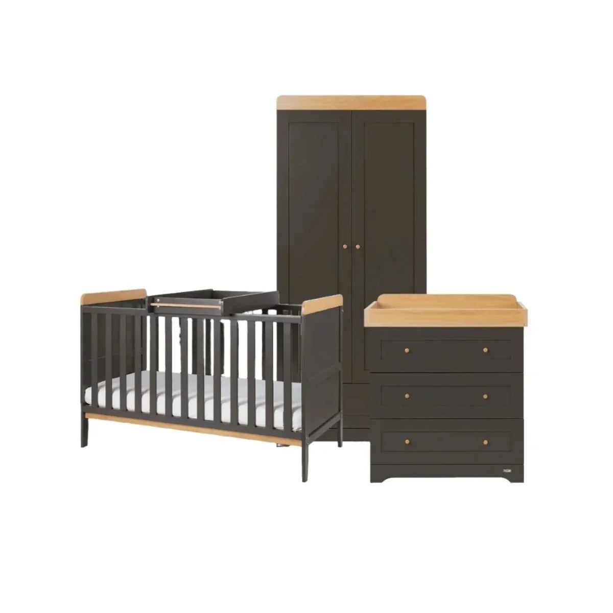 Children’s cot bed with storage wardrobe and dresser drawers in dark gray with wood tops
