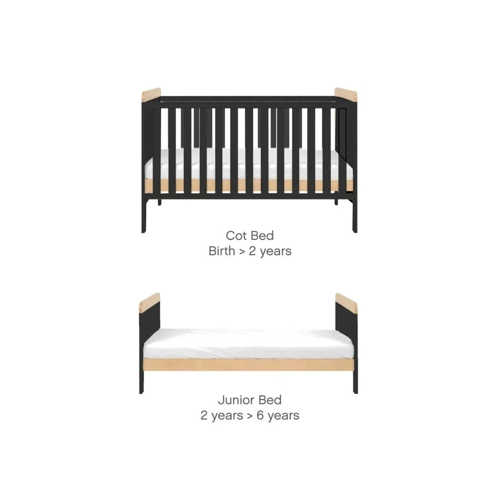 Cot-to-junior bed conversion diagram showing two bed sizes with slatted dark gray frame
