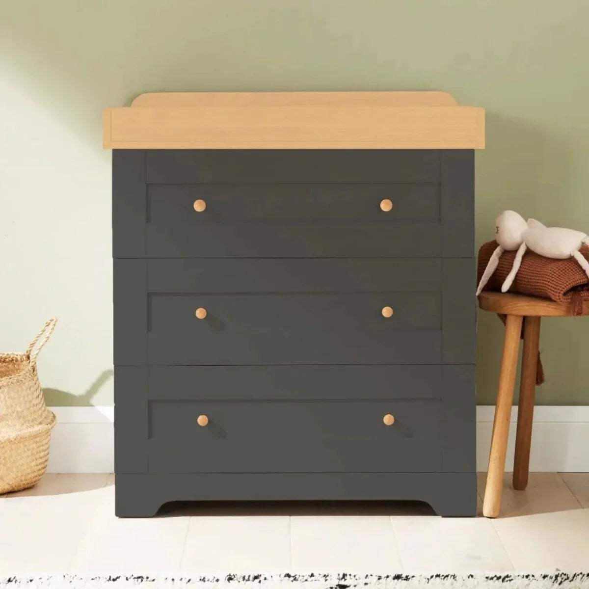 Matching slate gray 3-drawer chest with honey oak top and round knobs, with storage unit details