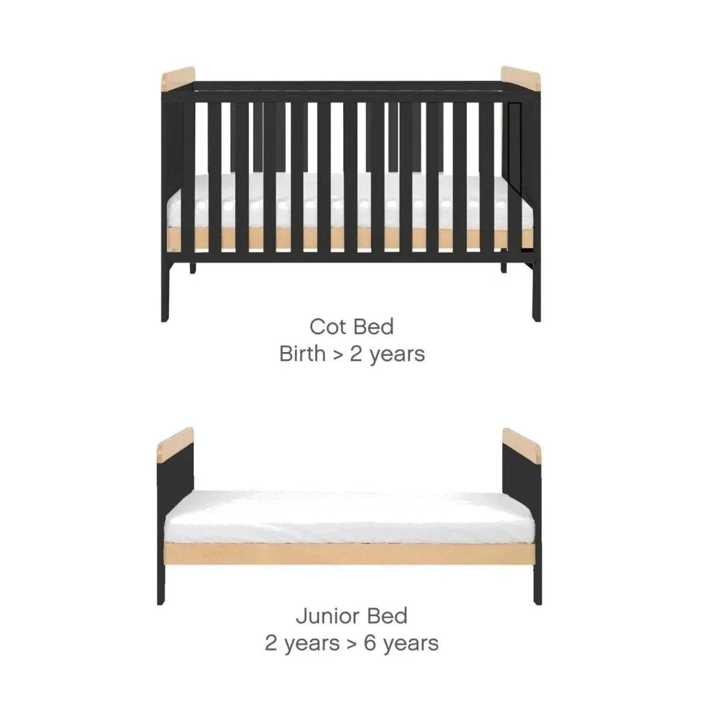Cot bed design in slate gray with honey oak rails; size labels for cot and junior bed