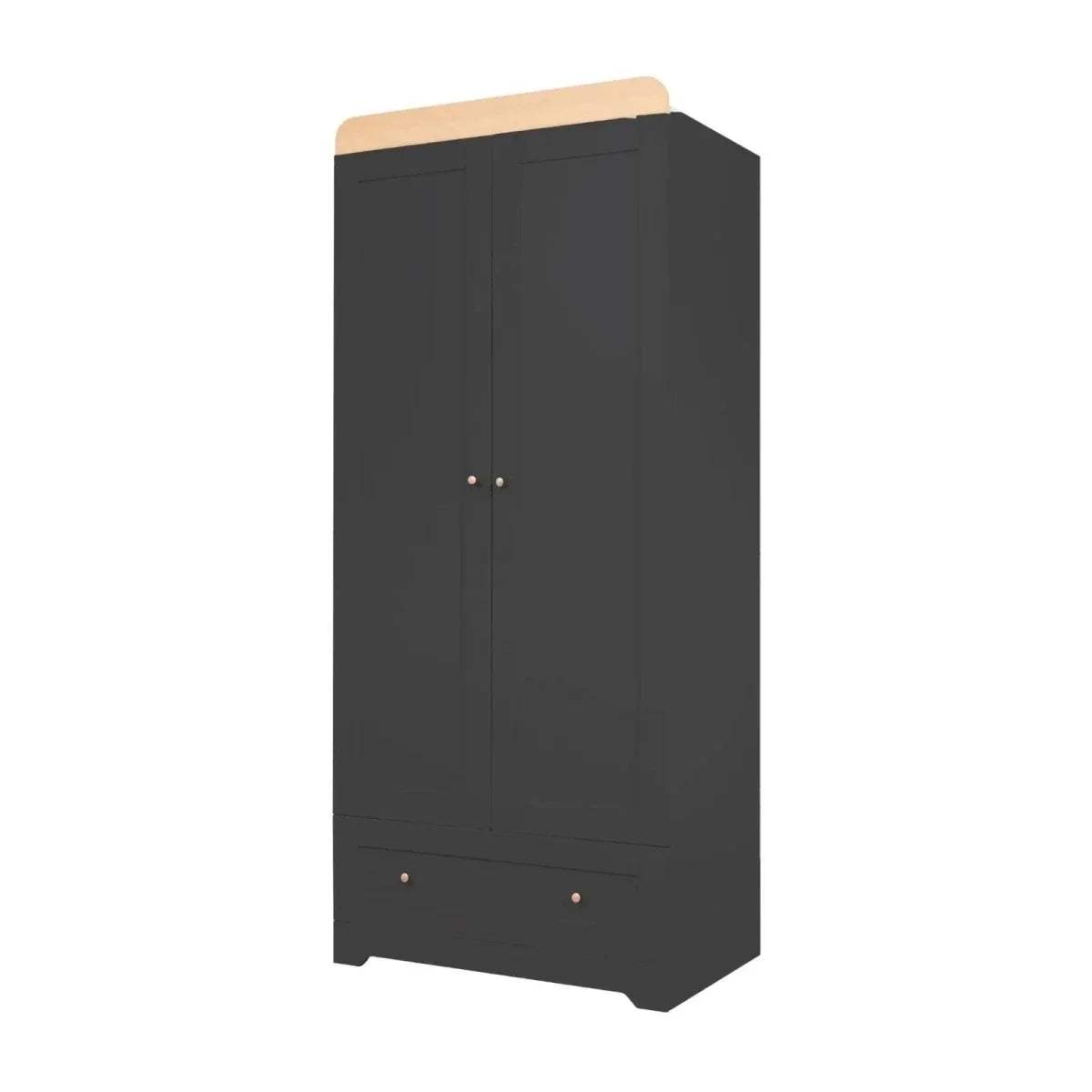 Slate baby wardrobe cabinet with honey oak top panels and two doors