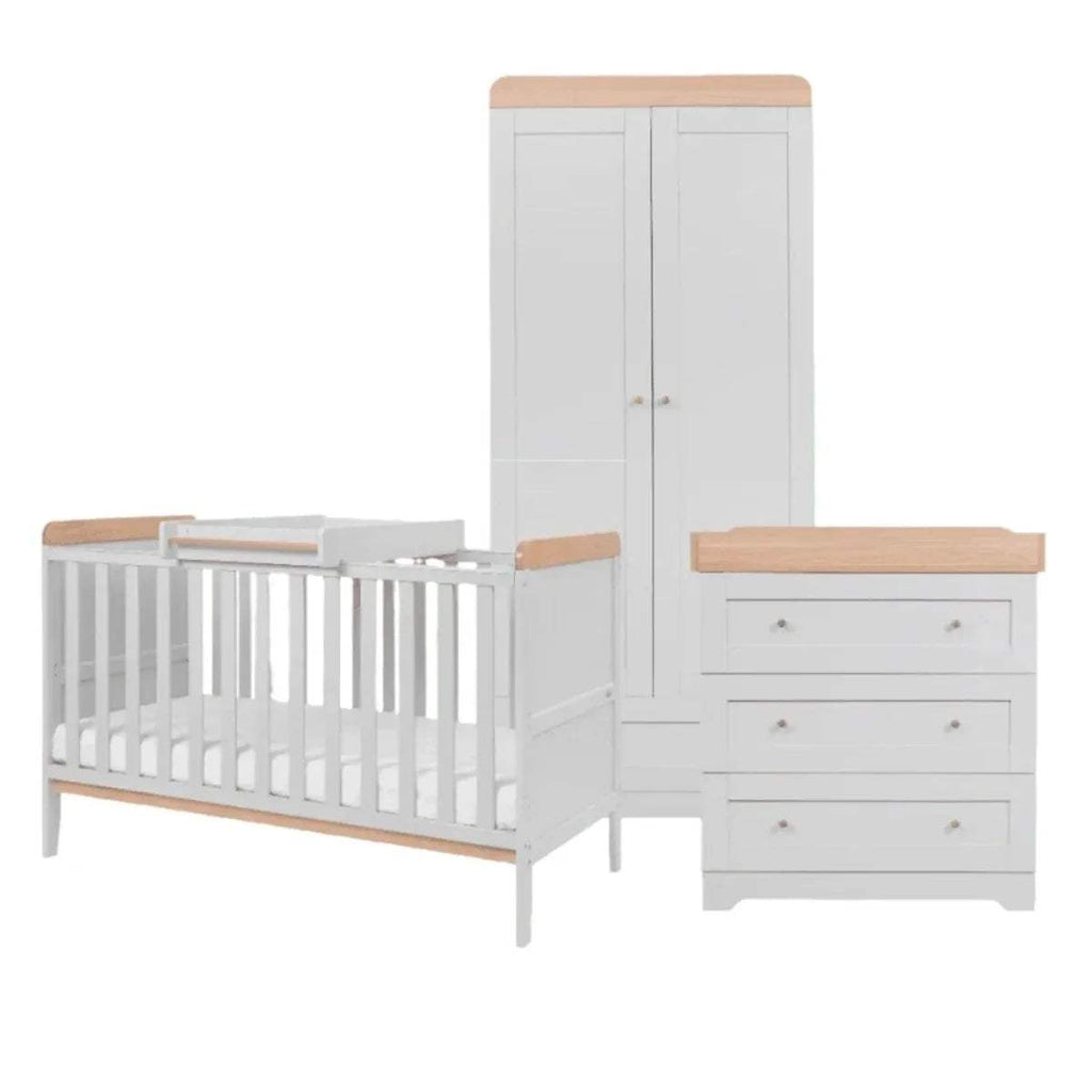 Cot bed and dresser in dove grey with honey oak trims and drawer fronts
