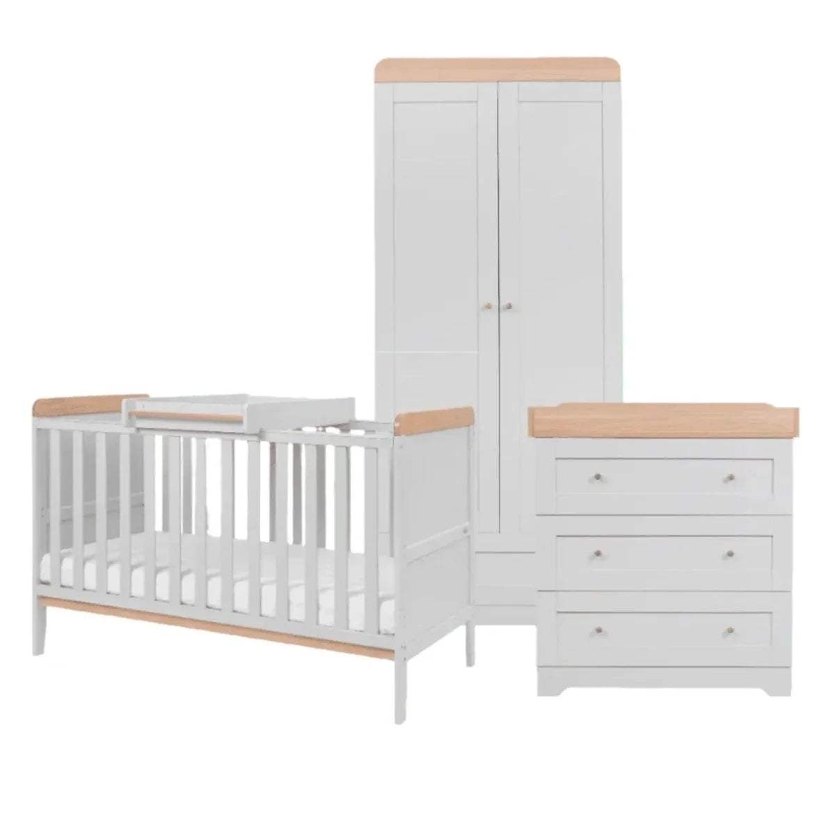 Cot bed and dresser in dove grey with honey oak trims and drawer fronts