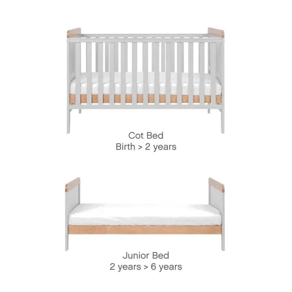 Cot bed to junior bed conversion frame with honey oak rails and dove grey sides