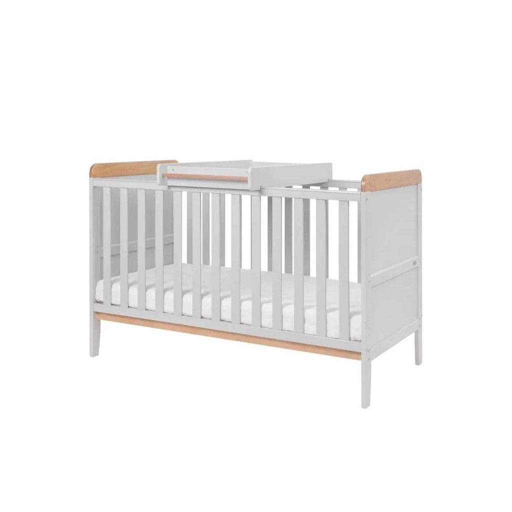 Cot bed frame in dove grey with honey oak rails and adjustable mattress base