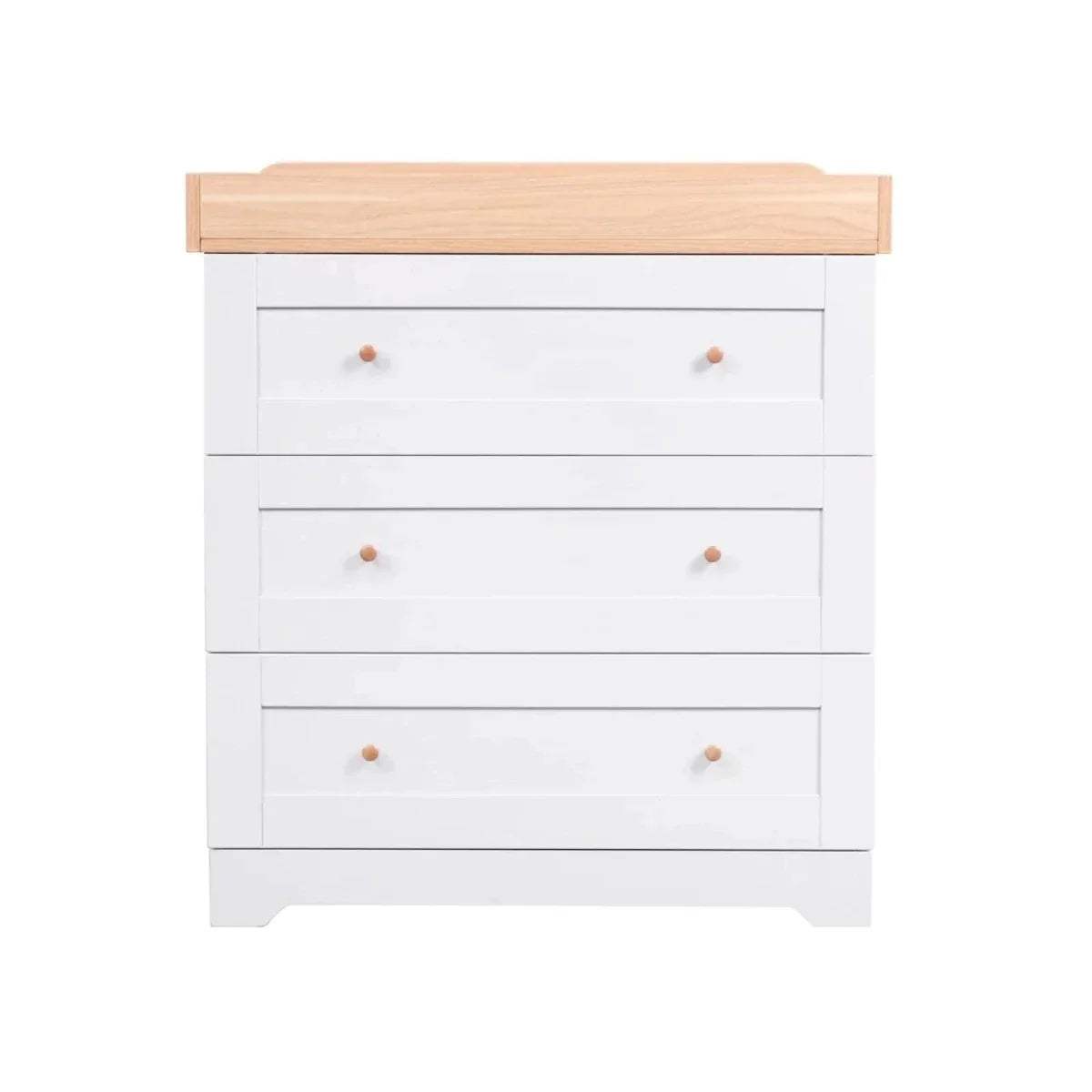 White baby dresser with three drawer fronts and light wood top rail
