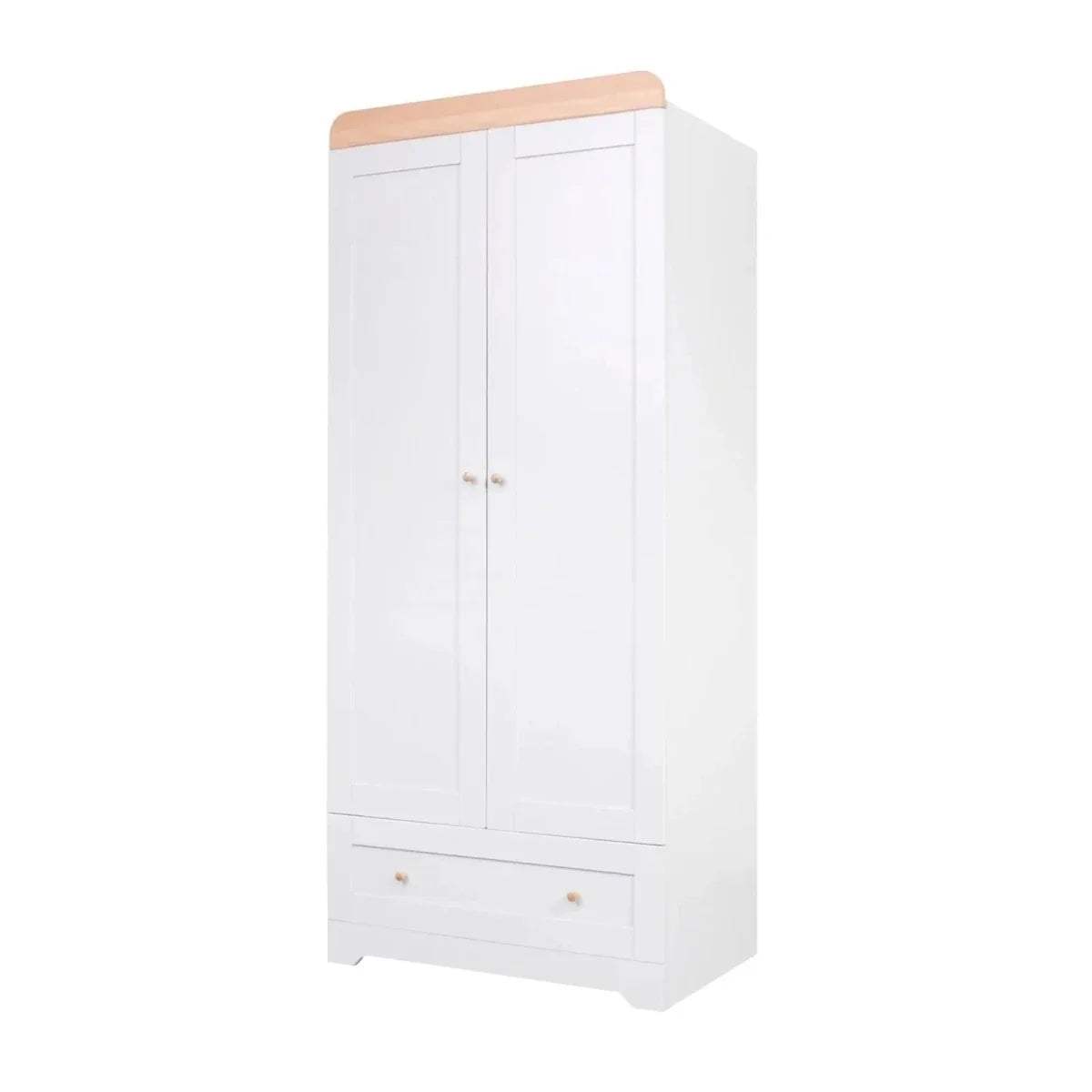 White baby wardrobe with two doors, light wood top panel, and two drawer pull handles