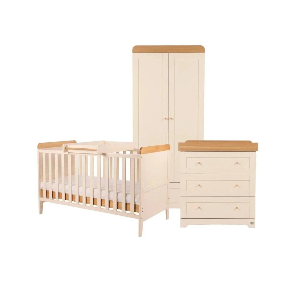 Baby room set: white crib with honey oak rails, matching dresser and wardrobe, 3-piece