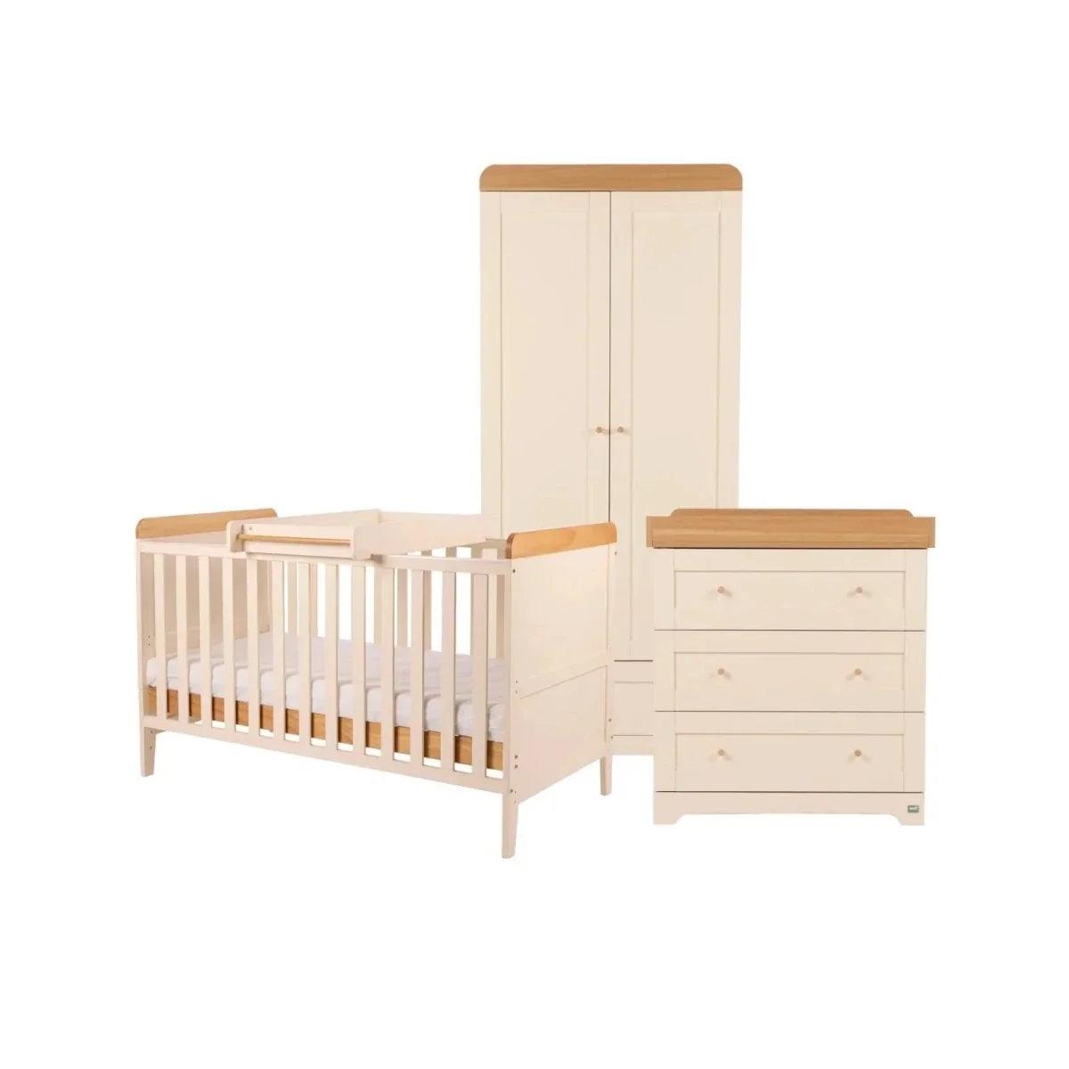 Baby room set: white crib with honey oak rails, matching dresser and wardrobe, 3-piece