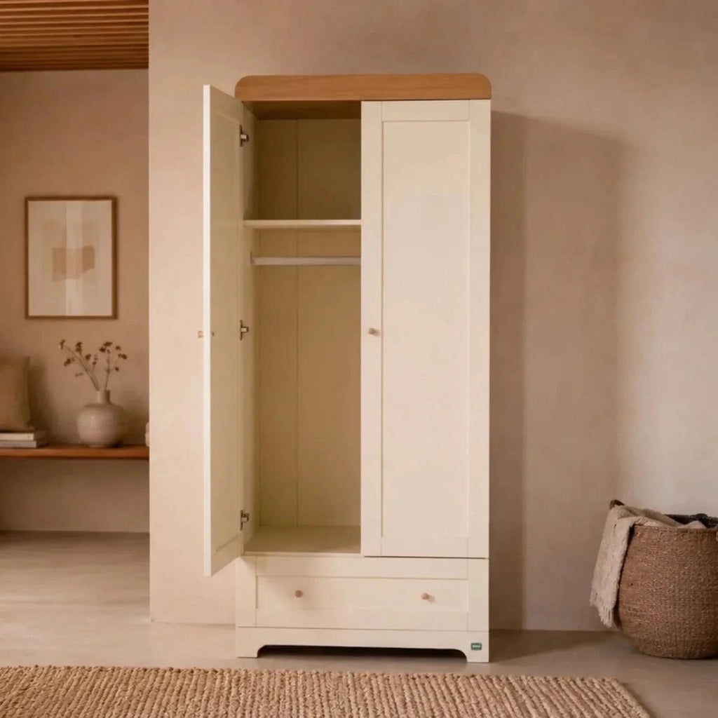 White wardrobe with honey oak top, open doors showing interior shelves and hanging space