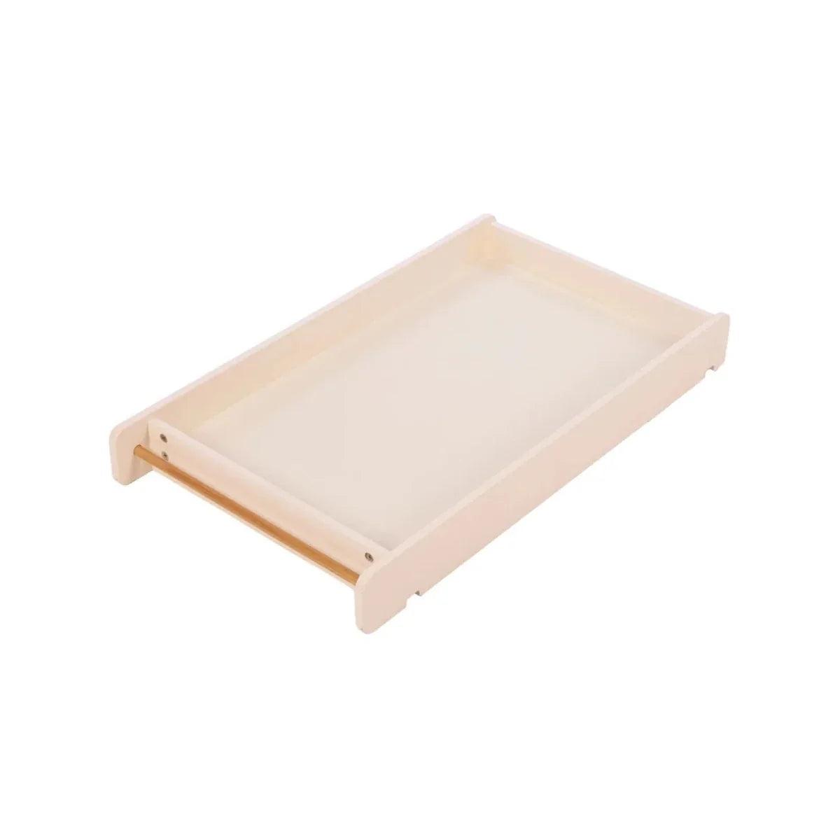 White baby bed base with honey oak frame and side brackets, mattress platform shown