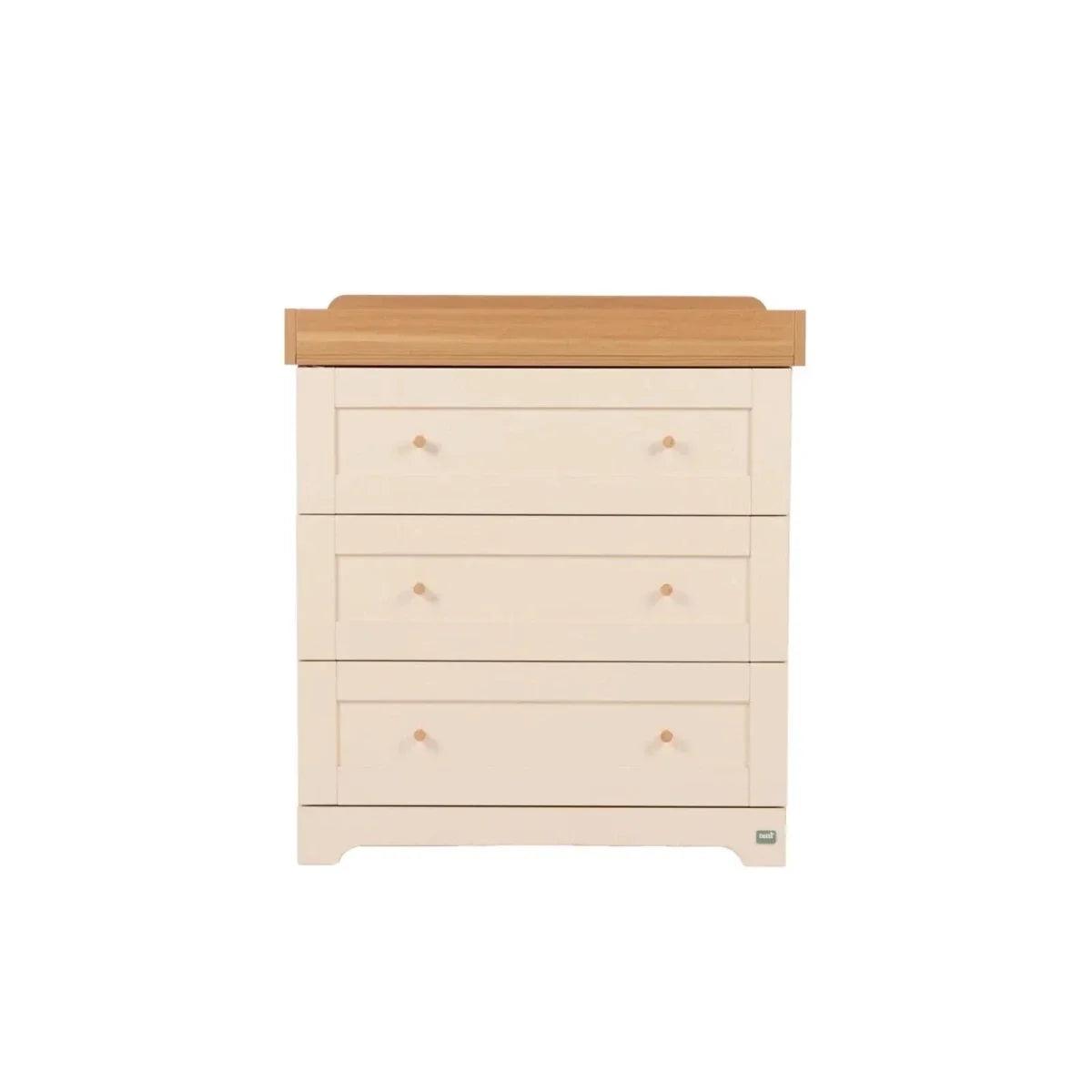 Cream cabinet dresser with honey oak top rail and five drawers, childroom furniture set